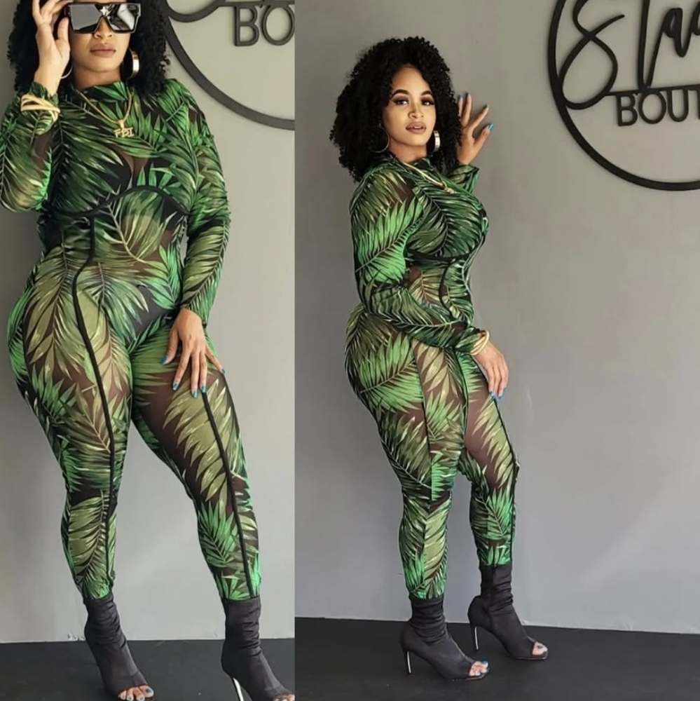 Green Leaf Print Jumpsuit (PLUS 1, 2 & 3X!)
